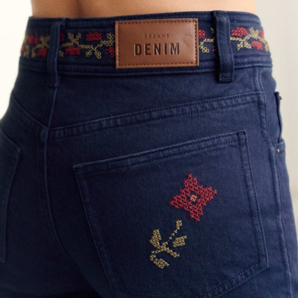 Sezane Navy Blue Denim Jeans with Red and Olive Embroidery